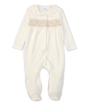Image of Edgehill Collection Baby Girls Newborn-6 Months Long-Sleeve Ruffle-Collar Smocked Footed Coverall