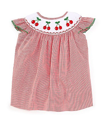 Image of Edgehill Collection Baby Girls Newborn-9 Months Round Neck Cherry Smocked Bubble