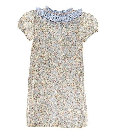 Image of Edgehill Collection Little Girl 2T-6X Floral Round Smocked Neck Cap Sleeve Dress