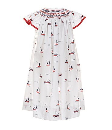 Image of Edgehill Collection Little Girls 2T-6X Family Matching Americana Smocked Neck Flutter Sleeve Sailboat Print Dress