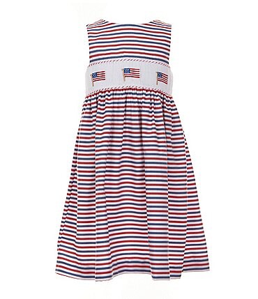 Image of Edgehill Collection Little Girls 2T-6X Family Matching Square Neck Tie Shoulders American Flag Smocked Dress