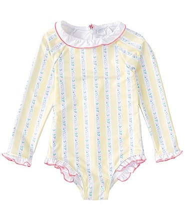 Image of Edgehill Collection x Sun House Children's Little Girls 2T-8 Sibyl Floral Stripe 1-Piece Rashguard Swimsuit