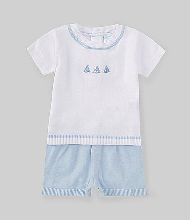 Image of Edgehill Collection x The Broke Brooke Baby Boys Newborn-24 Months William Boat Embroidered Short Sleeve Top & Shorts Set
