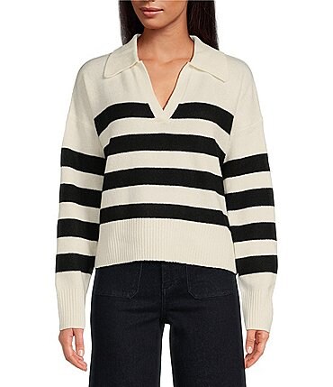 Image of Every Wool Rugby Stripe Pointed White Collar V-Neck Long Sleeve Pullover