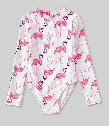 Image of Flapdoodles Little Girls 2T-6X All Over Flamingo Print Long Sleeve Rash guard
