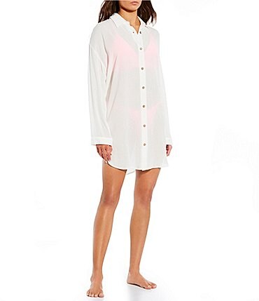 Image of GB Button Front Long Sleeve Shirt Dress Cover-Up