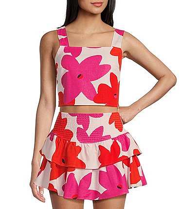 Image of GB Floral Printed Linen Blend Coordinating Crop Top