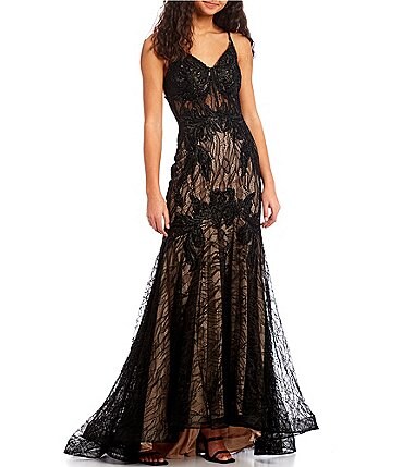 Image of GB V-Neck Lace-Up Back Embroidered Lace Mermaid Gown