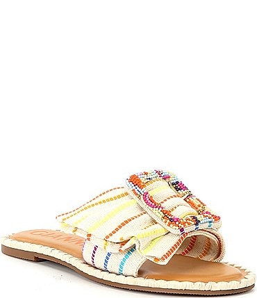 Image of Gianni Bini Jaxson Linen Mismatched Beaded Buckle Ornamented Slide Sandals