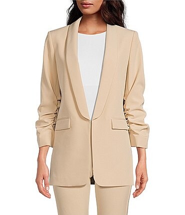 Image of Gianni Bini Jemma Ruched 3/4 Sleeve Shawl Collar Twill Boyfriend Blazer