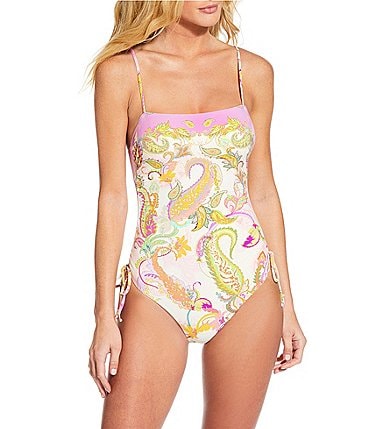 Image of Gianni Bini Paisley Square Neck Ruched Tie Side One Piece Swimsuit