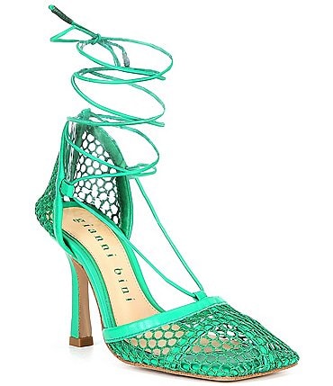 Image of Gianni Bini Reagan Mesh And Leather Ankle Wrap Square Toe Pumps