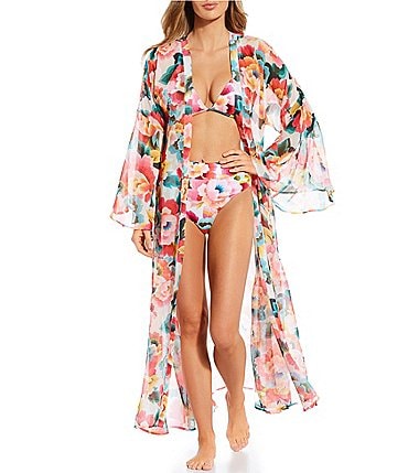 Image of Gibson & Latimer Floral Print Open Front Kimono Swimsuit Cover Up
