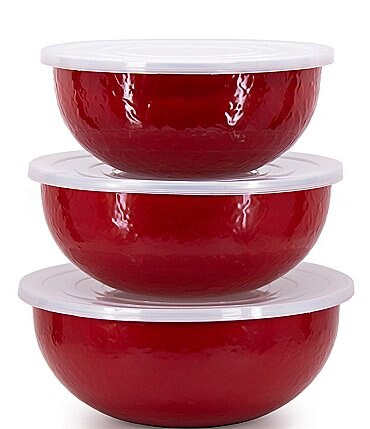 Image of Golden Rabbit Enamelware Solid Texture Red Mixing Bowls, Set of 3