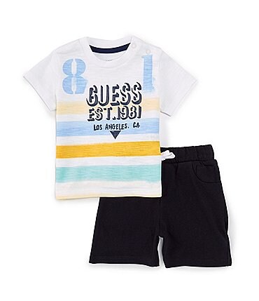 Image of Guess Baby Boys 3-24 Months Short Sleeve Stripe Slub Jersey T-Shirt & Solid Knit Shorts Set