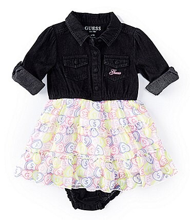 Image of Guess Baby Girls Newborn-24 Months Long-Sleeve Solid/Printed Mixed-Media Fit-And-Flare Dress