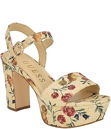 Image of Guess Haldemiy Floral Print Raffia Platform Block Heel Sandals