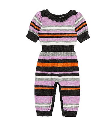 Image of Habitual Baby Girls 12-24 Months Puffed-Sleeve Thin/Wide-Stripe Wool-Blend Sweater-Knit Jumpsuit