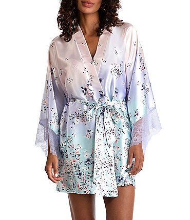 Image of In Bloom by Jonquil Flirty Floral Ombre Print Satin 3/4 Kimono Sleeve Short Wrap Robe