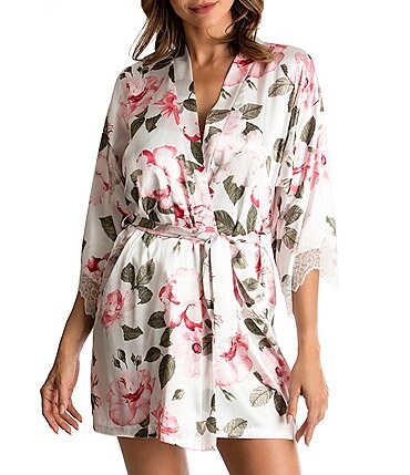 Image of In Bloom by Jonquil Floral Chiffon & Lace Banded V-Neck 3/4 Sleeve Wrap Robe