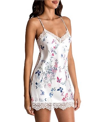 Image of In Bloom by Jonquil Floral Print Satin V-Neck Lace Trim Chemise