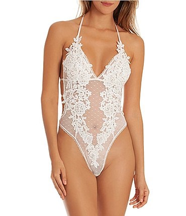 Image of In Bloom by Jonquil Magnolia Lace & Mesh Dot Halter Neck Teddy