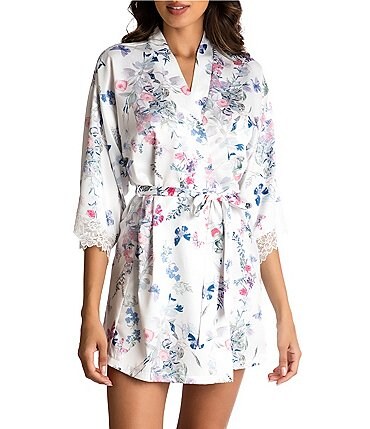 Image of In Bloom by Jonquil Satin Floral Print Lace Trim 3/4 Sleeve Shawl Collar Short Wrap Robe