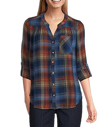 Image of Intro Petite Size Woven Blue Quartz Band V-Neck Long Roll-Tab Sleeve Button Front Blouse