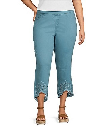 Image of Intro Plus Size Size Straight Leg Tulip Eyelet Embroidered Frayed Hem Pull-On Ankle Pants