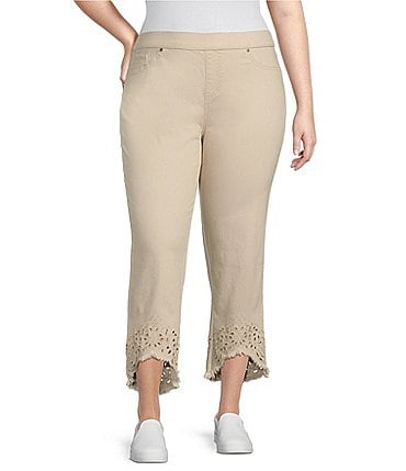 Image of Intro Plus Size Size Straight Leg Tulip Eyelet Embroidered Frayed Hem Pull-On Ankle Pants