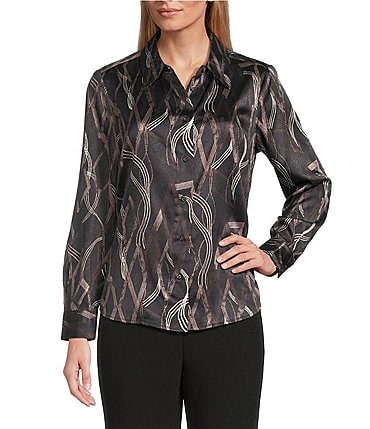 Image of Investments Distressed Diamond Long Sleeve Point Collar Button Front Top