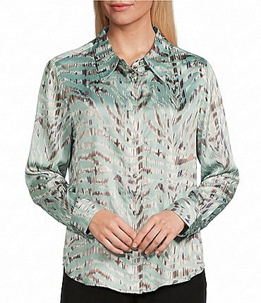 Image of Investments Painted Zebra Long Sleeve Point Collar Button Front Top