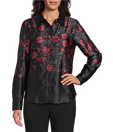 Image of Investments Placed Floral Long Sleeve Point Collar Button Front Top