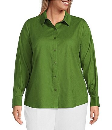 Image of Investments Plus Size Woven Long Sleeve Point Collar Button Front Top