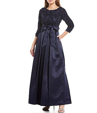 Image of Jessica Howard Soutache Floral Lace Round Neck Sequin Bodice Satin 3/4 Sleeve Tie Belt Ball Gown