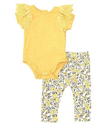 Image of Jessica Simpson Baby Girls Newborn-9 Months Eyelet-Sleeve Bodysuit & Printed Pant Set