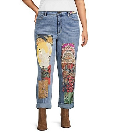 Image of John Mark Plus Size Multi Patch Print 5-Pocket Denim Boyfriend Jeans