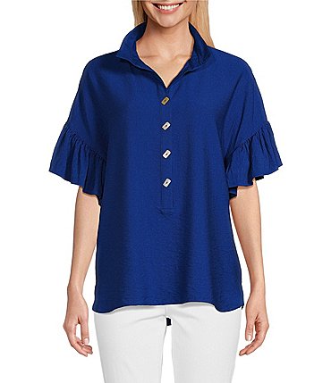 Image of John Mark Point Collar Short Sleeve Button Front Top