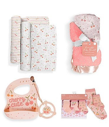 Image of JuJuBe Everyday Essentials Cherry Cute Swaddle Blankets, Reversible Blanket, Socks, Bib, & Teether Ring, Baby Set