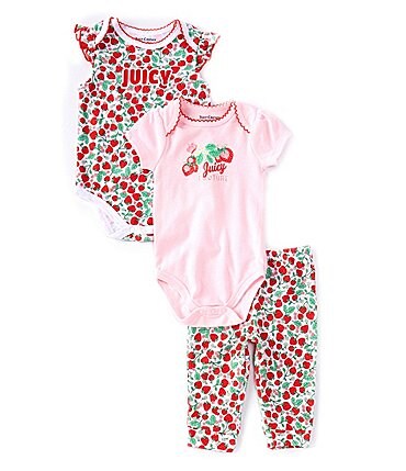 Image of Juicy Couture Baby Girls Newborn-18 Months Solid Graphic Bodysuit, Strawberry-Print Bodysuit & Print Leggings 3-Piece Set