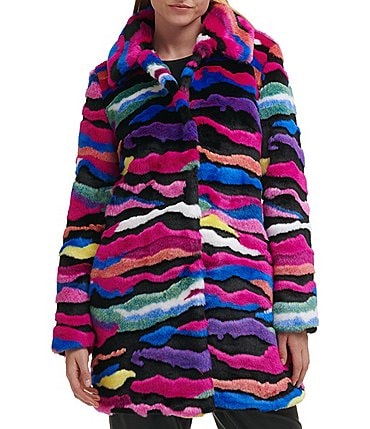 Image of Karl Lagerfeld Paris Faux Fur Single Breasted Rainbow Zebra Coat