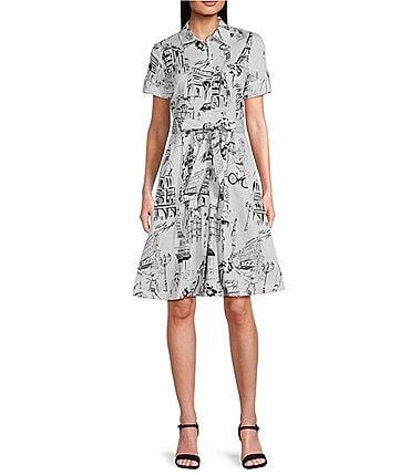 Image of KARL LAGERFELD PARIS Woven Sketch Pattern Point Collar 3/4 Sleeve Belted Shirt Dress