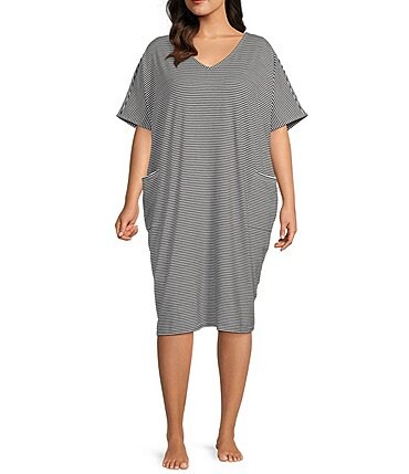 Image of Landry Plus Size Stripe Print Solid V-Neck Sleeve Midi Lounge Dress