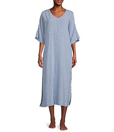 Image of Kate Landry Striped Woven Blue Dobby Caftan