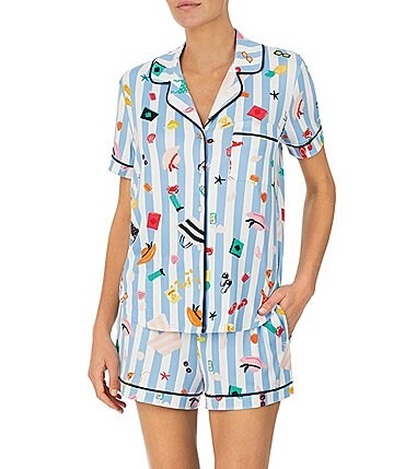 Image of kate spade new york Beach Day Print Short Sleeve Notch Collar Jersey Knit Shorty Pajama Set