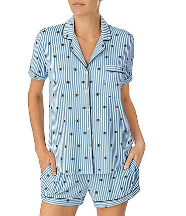 Image of kate spade new york Bee Striped Short Sleeve Notch Collar Brushed Jersey Shorty Pajama Set
