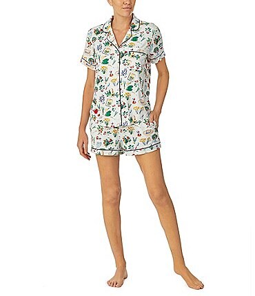 Image of kate spade new york Green Thumb Print Short Sleeve Notch Collar Brushed Jersey Shorty Pajama Set