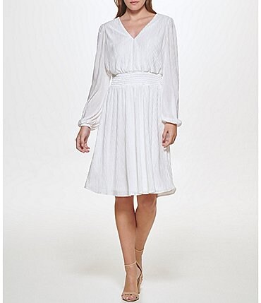 Image of Kensie Long Puffed Sleeve Pleated Knit V-Neck Smocked Waist A-Line Dress