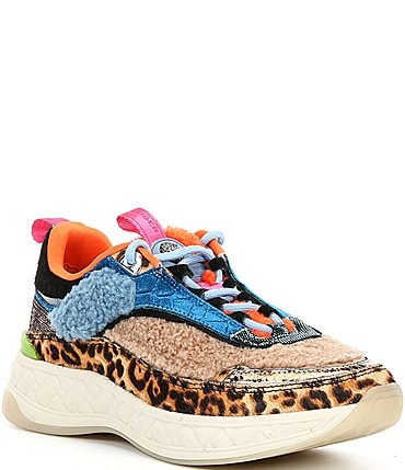 Image of Kurt Geiger London Kensington Mixed Media Denim Patchwork Cheetah Print Sneakers