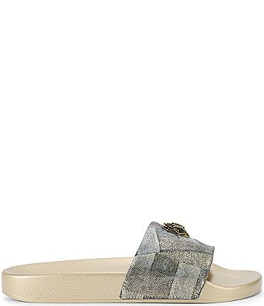 Image of Kurt Geiger London Meena Metallic Denim Patchwork Logo Ornament Pool Slides